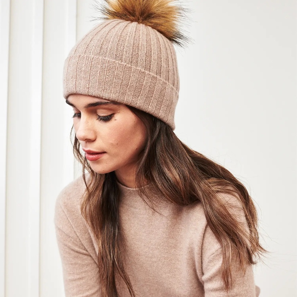 Tan Cashmere Beanie with Pom Pom